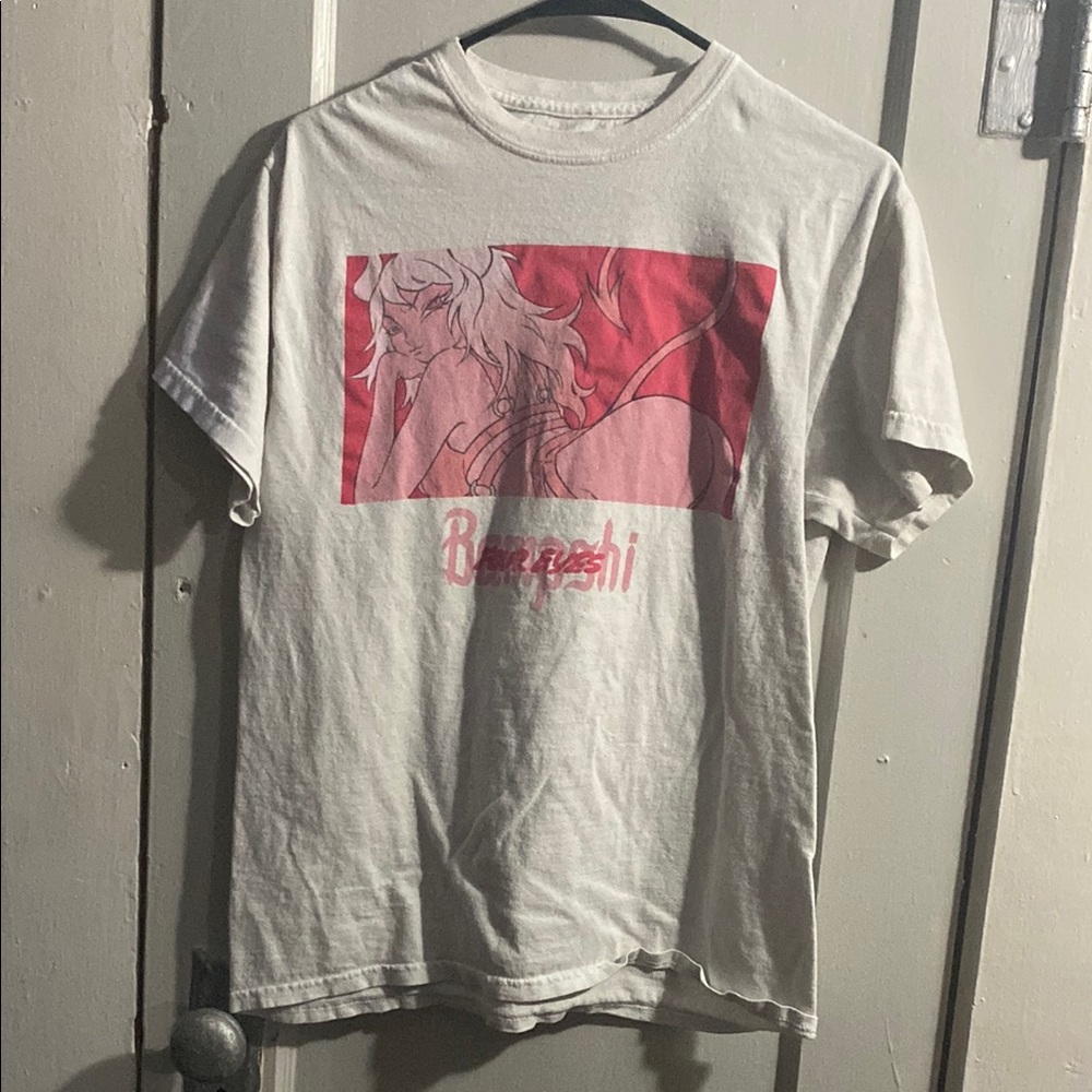 White and Pink Short Sleeve Tee with Artistic Graphic